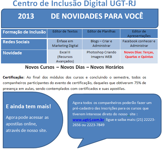 Centro de inclusão digital da UGT-RJ trás novidades e novos cursos